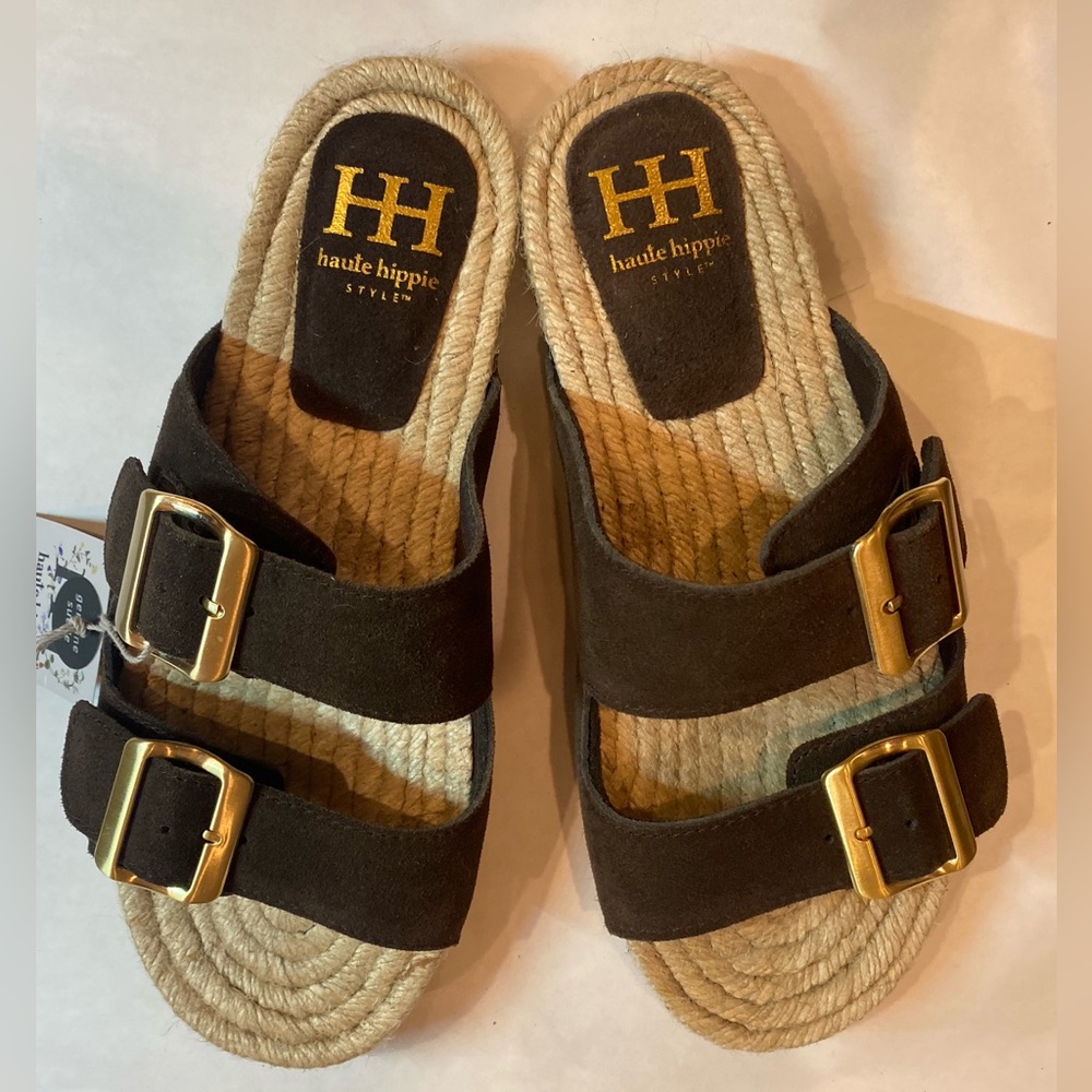 Haute Hippie Brown genuine Suede slide Sandals with adjustable Gold Buckles 9M